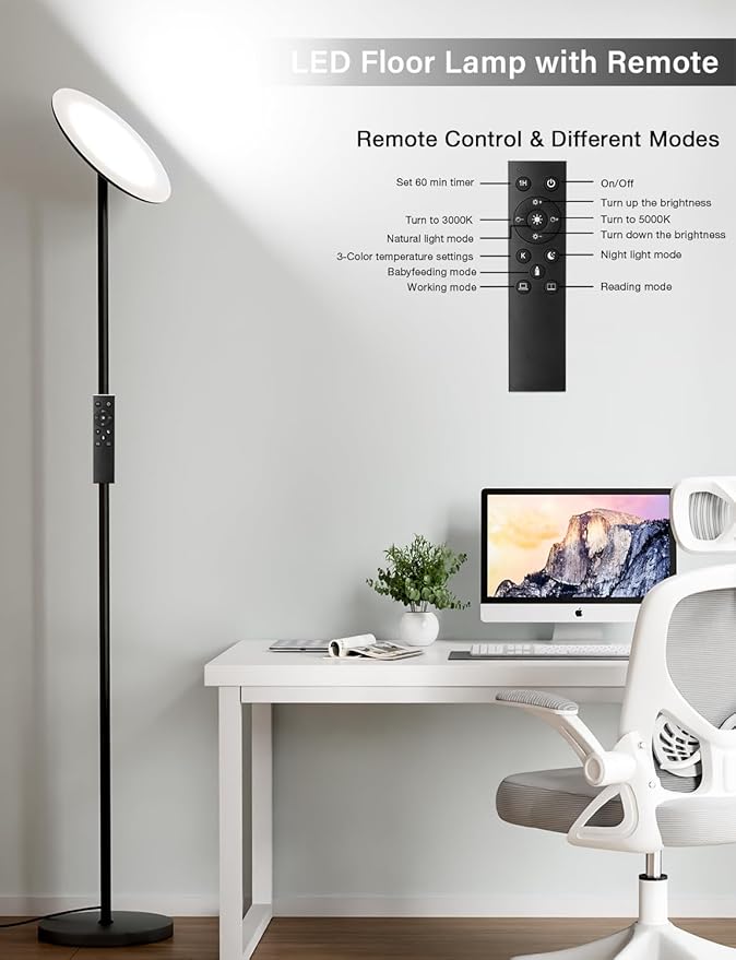 Modern LED Floor Lamp - Remote & Touch Control, 40W/2400LM Sky Torchiere Standing Lamp, Fully Dimmable, 3 Color Temperatures, Ideal for Living Room & Bedroom, Easy to Assemble