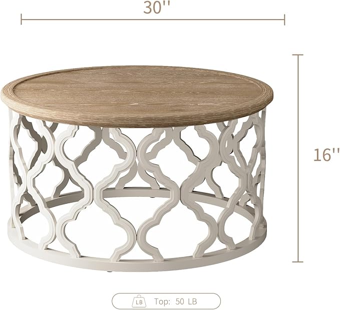 karlott Farmhouse Coffee Table, French Country Round Coffee Table with Distressed Tray Top, Coastal Coffee Tables with Curved Motif Frame Base, Boho Center Table for Living Room, Dining Room, Bedroom