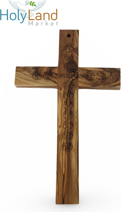 Holy Land Market Olive Wood Cross from Bethlehem - Inspirational Wall Cross for Christians, Hand Carved Wooden Cross for Wall with Certificate & Lord's Prayer Card, 10 Inches, Jerusalem Stamp