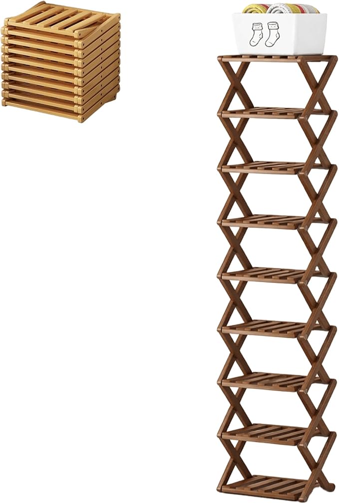 Upgraded The 9-Tier No-Assembly Bamboo Shoe Rack (3–9 Tier), Folding Bamboo Shoe Storage Rack with Zero Assembly Required and Space-Saving Design for Entryway Closet Apartment (Brown, 9 Tier)