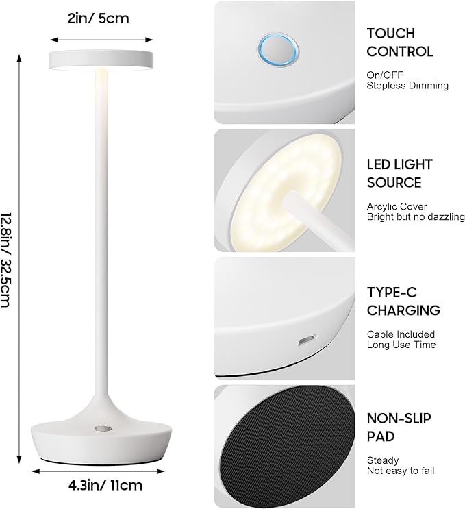 2 Pack Led Cordless Rechargeable Waterproof Table Lamp(Battery Operated Touch Light 3 Color Dimming Portable Night Lamp IP54 Waterproof Suitable For Indoor Outdoor Patio Restaurant Dining Home)White