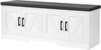 2-Tier Storage Bench, 47.2" Wide Shoe Bench with Padded Seat Cushion, Entryway Bench with 4 Barn Doors and Adjustable Shelf, White