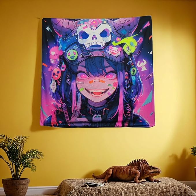 HOUHUANG Hanging paintings, blacklight tapestry, murals, and decorative paintings, fluorescent anime, cartoons, polyester material (59 "x 59") for families, bars, and outdoor parties (Halloween Girl)