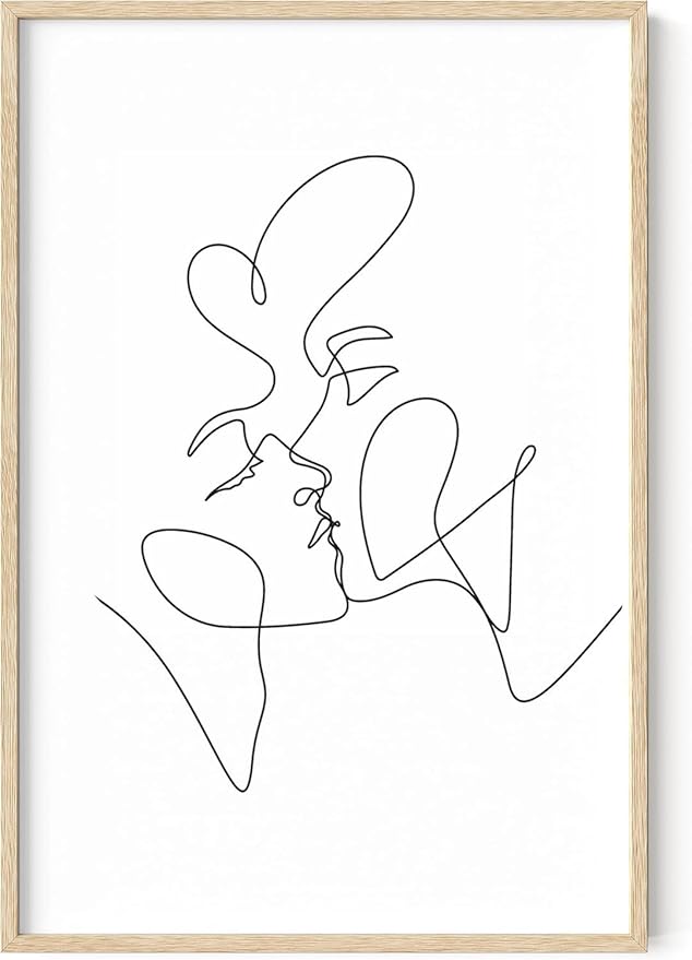 Minimalist Couple Art Wall Art Print Couple Kiss Abstract Line Drawing, Gallery Quality 24"x36" Beige Framed, Abstract Love Aesthetic Decor Bedroom Living Room