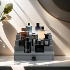Cologne Organizer for Men - 4 Tier Wooden Grey Cologne Display Stand with Drawer and Hidden Compartment, Mens Cologne Perfume Holder Shelf for Organizing and Storing