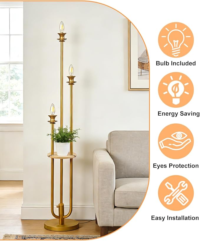 Lightdot Gold Dimmable Floor Lamp with Table, Modern Floor Lamps for Living Room, 3000K Warm Lights Tall Standing Lamp with Candle Bulb Included for Bedroom/Home Office/Sofa Beside/Corner Decor