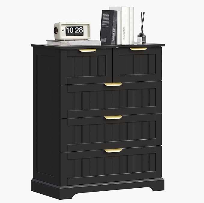 5 Wooden Drawer Dresser for Bedroom Storage, Modern Farmhouse Wood Chest of Drawers with Metal Handles, Wide Storage Cabinet for Closet, Living Room, or Entryway Black