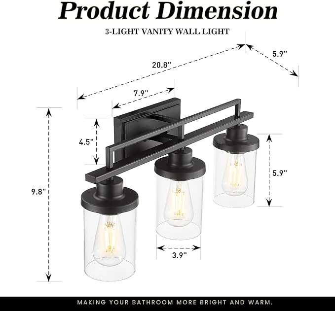 Emliviar 20.8 Inch Modern Bathroom Light Fixture in Black Finish, 3-Light Vanity Lighting Fixture with Clear Glass Shade, E26 Base, YCE238B-3W BK