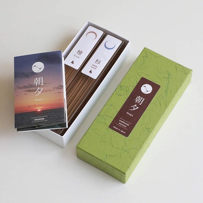 Asayu Japan Traditional Incense Gift Set with Brass Stand, Forest Scent with Green Lotus Incense Holder