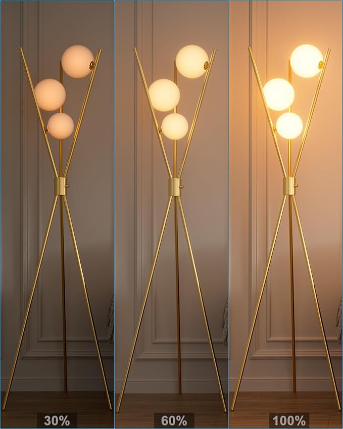 Lightdot Tripod Floor Lamp Stepless Dimmable Globe Modern Floor Lamp Gold Standing Lamps with 3PCS 3000K Bulbs Included Mid Century Modern Floor Lamps for Living Room/Bedroom/Sofa Beside/Corner Decor