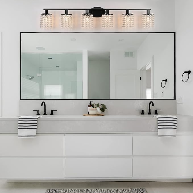 6-Light Bathroom Light Fixtures,Crystal Black Vanity Lights for Bathroom,Modern Bathroom Lights Over Mirror,Modern Black Wall Lights