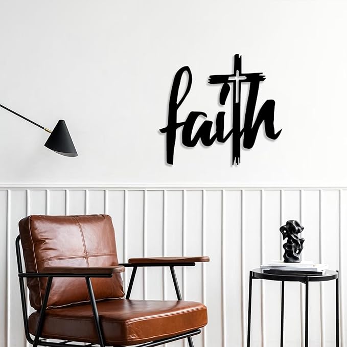 Faith Cross Metal Wall Sign, Faith Metal Wall Decor, Christian Wall Art, Spiritual Wall Decor, Religious Wall Art for Living room, Church (24"x22" | 60x55cm, Black)