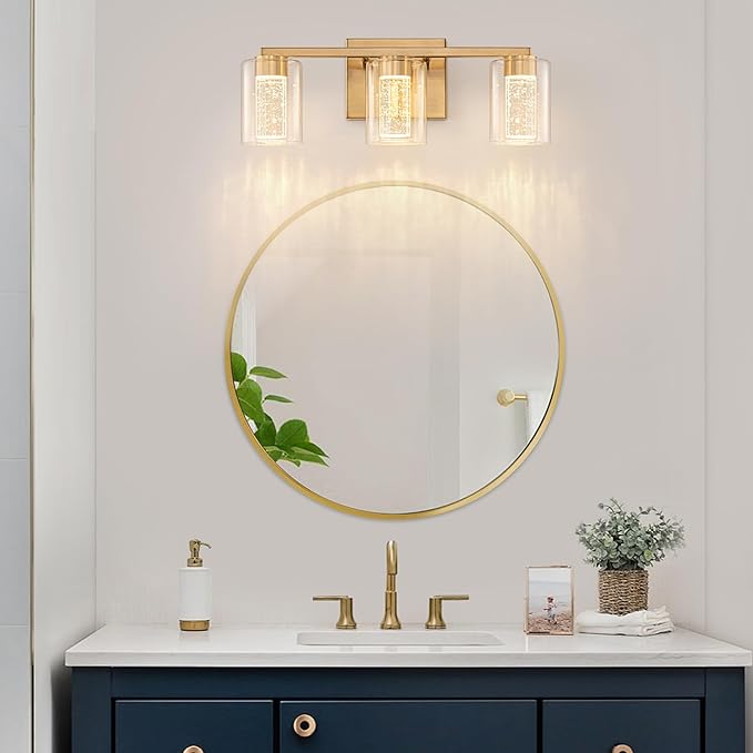 SineRise 3-Light Gold Vanity Light with 3 Color Modes (3000K/4000K/6000K), Eye Protection LED Bathroom Light Fixture, Dimmable Modern Wall Light Over Mirror with Clear Glass Shade