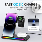 IHAO 3in1 Multifunctional Foldable Wireless Charging Station with LED Ambient Night Light Fast QC3.0 Charger for Phone, iWatch, Headphone Space-Saving Auto-Shutoff & Overcharge Protection-Black