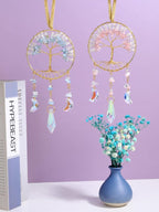 CrystalTears Crystal Tree Life Hanging Ornament Handmade Aquamarine Clear Quartz Healing Crystal Gemstone Glass Suncatcher for Home Window Wall Decoration Crystal Gifts for Women Men Friends