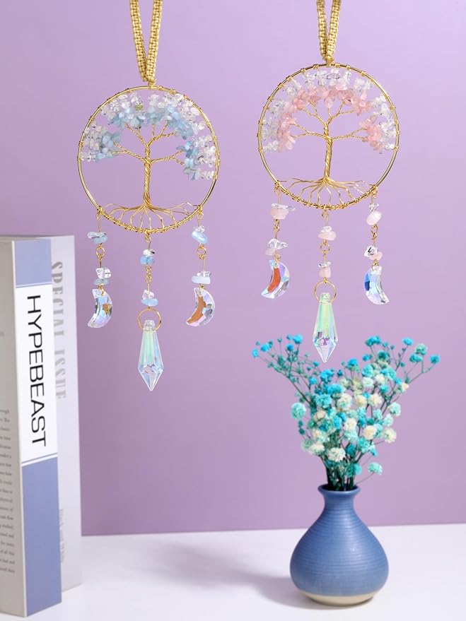 CrystalTears Crystal Tree Life Hanging Ornament Handmade Rose Quartz Clear Quartz Healing Crystal Gemstone Glass Suncatcher for Home Window Wall Decoration Crystal Gifts for Women Men Friends