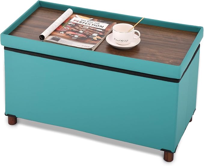 Ottoman Storage Bench for Living Room with Tray, Bedroom Foot Stool, Coffee Table Lid, End of Bed Faxu Leather 30" Inch (L-Green)