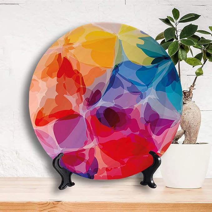 Decorative Plates, Floral Print Ornament, Vibrant Colors Abstract Creative Watercolor Style, 10 Inch, Kitchen Wall Decor, Multicolor