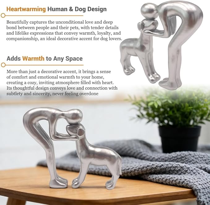 Human and Dog Statue Decoration, Cute Pet Sculpture Home Decor Tabletop Ornament Figurines Office Living Room Bedroom Home, for Dog Lovers Friends Family Decoration, Silver Color