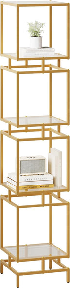4 Cube Glass Shelf, 4-Tier Bookshelf, Display Shelf Rack, Metal Storage Rack with Tempered Glass, Modern Style for Living Room, Bathroom, Kitchen, Golden