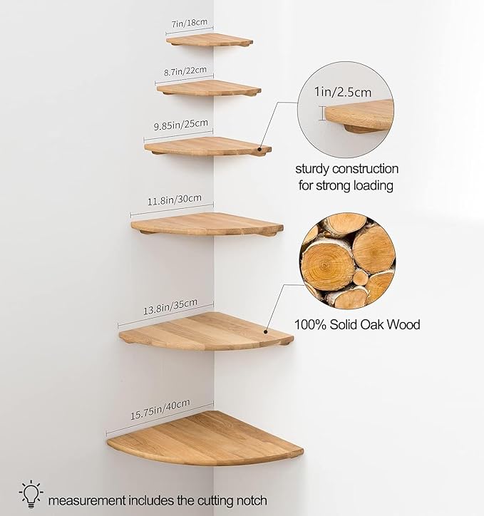 Corner Shelf, Solid Oak Wood Floating Corner Shelf Wall Mount Round End Floating Speaker Shelves with Wire Hole for Small Plant Photo Frame for Bedroom Kitchen, Living Room (Oak, 7.1in)