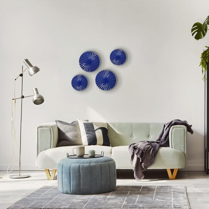 ITrixgan Deep Blue Wall Art Round Metal Modern Accent Sunburst Hanging Decor Above Bed TV for Home Office Bedroom Living Room Set of 4