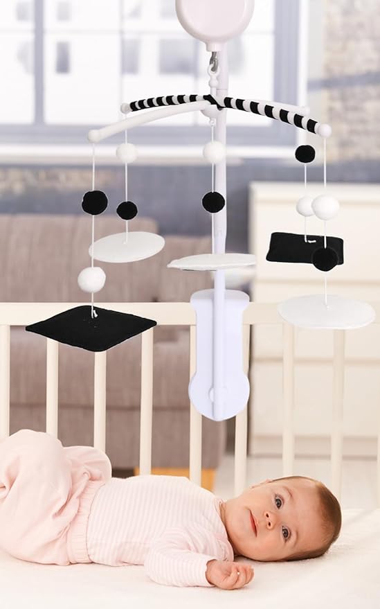 Montessori Mobile, Black and White Baby Crib Mobile, Neutral Nursery Mobile Decoration for Pack N Play, for Baby Boy & Girl, Sun, Moon, Star, Snow, Cloud with Arm & Music Box