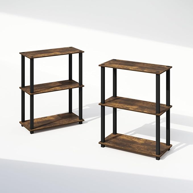 Furinno Turn-S-Tube Storage Shelves Set of 2, 3-Tier Book Shelf, Corner Shelf, Toolless Open Shelves, Square Tubes, for Organization and Storage, Living Room, Garage, Home Office, Amber Pine