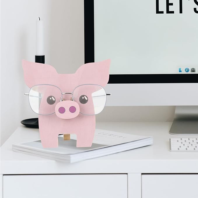 Wooden Pig Figurine Eyeglass Holder Glasses Organizer Stand Desktop Sunglasses Display Rack Wood Carving Decoration for Office Table