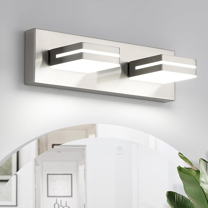 OKELI 2-Light Bathroom Vanity Light Fixture Brushed Nickel Modern Mirror Front Lamp for Bathroom, Stairs, Hallway Bedside Dimmable Cold White 24W ETL Listed, 350° Adjustable Lamp Head