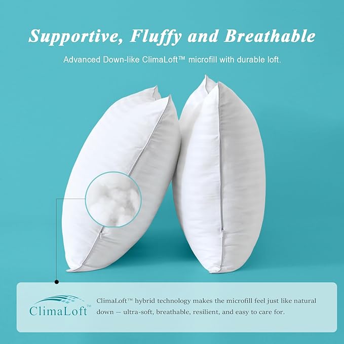 Bed Pillows King Size Set of 2-100% Cotton Cover, Down Alternative Gel Polyfill Filled, Flat Soft Medium Adjustable Hotel-Style Pillow Inserts, 20x36 Inch