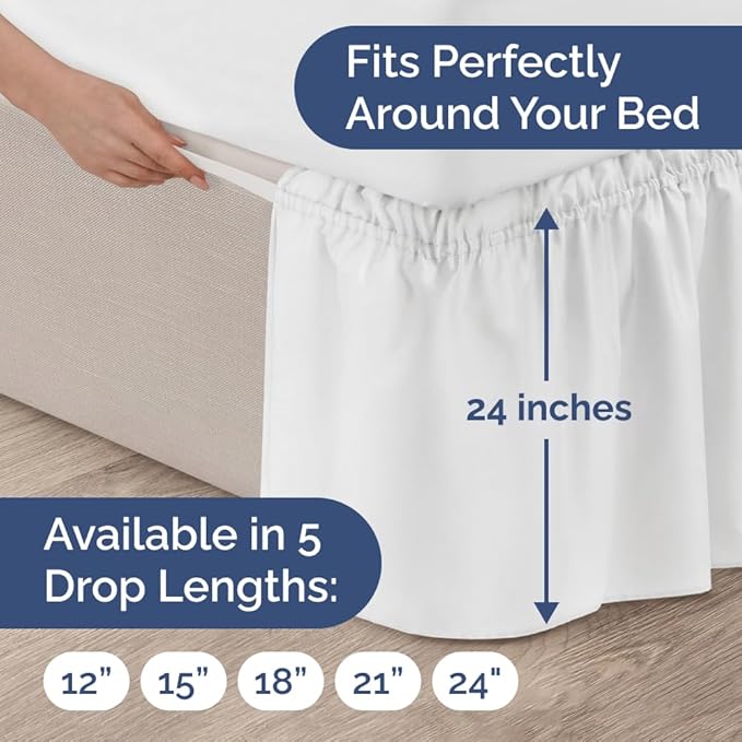 Wrap Around Dust Ruffle Bed Skirt - White - for Queen Size Beds with 24 Inch Drop - Easy Fit Elastic Strap - Adjustable Pleated Bedskirt w/Brushed Fabric - Wrinkle Free - for Women, Men, Kids & Teens