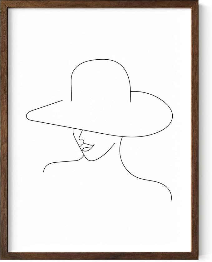 Elegant Woman in Hat Wall Art Minimalist Feminine Profile Continuous Line Drawing 12x16 Inch Oak Wood Walnut Framed Chic Fashion Print for Vanity Bedroom