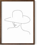 Elegant Woman in Hat Wall Art Minimalist Feminine Profile Continuous Line Drawing 12x16 Inch Oak Wood Walnut Framed Chic Fashion Print for Vanity Bedroom