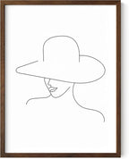 Elegant Woman in Hat Wall Art Minimalist Feminine Profile Continuous Line Drawing 12x16 Inch Oak Wood Walnut Framed Chic Fashion Print for Vanity Bedroom