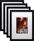 Egofine 9x12 Picture Frames Set of 4, Made of Solid Wood Covered by Plexiglass 5x7 and 6x8 with Mat or 9x12 without Mat, for Table Top Display and Wall Mounting Photo Frame Black