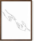 Minimalist Reaching Hands Wall Art Continuous Line Drawing Connection Symbol 11x14 Inch Oak Wood Walnut Framed Aesthetic Modern Decor Print for Bedroom Living Room