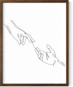 Minimalist Reaching Hands Wall Art Continuous Line Drawing Connection Symbol 11x14 Inch Oak Wood Walnut Framed Aesthetic Modern Decor Print for Bedroom Living Room