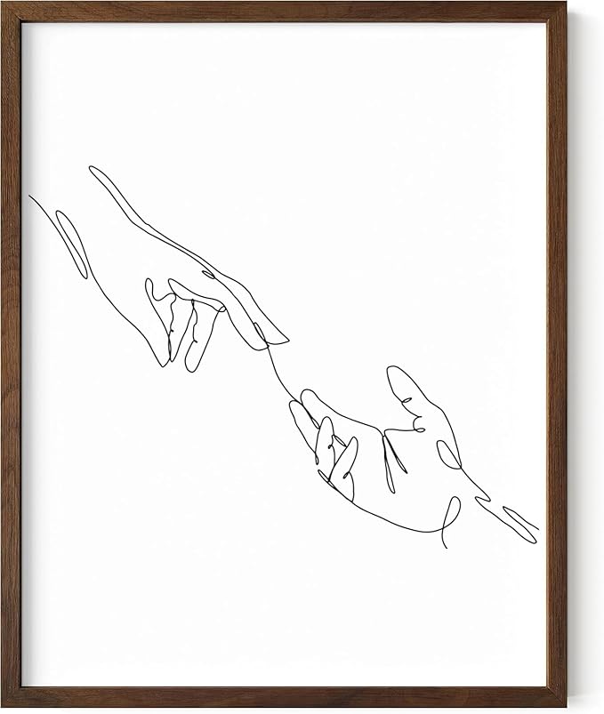 Minimalist Reaching Hands Wall Art Continuous Line Drawing Connection Symbol 11x14 Inch Oak Wood Walnut Framed Aesthetic Modern Decor Print for Bedroom Living Room
