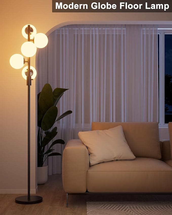 Lightdot 5-Globe Dimmable Globe Floor Lamp Black Retro Standing Lamps with 3000K Bulbs Included Brightness Adjustable Mid Century Modern Floor Lamp for Living Room/Bedroom/Sofa Beside/Corner Decor