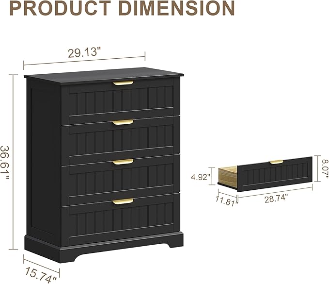 4 Wooden Drawer Dresser for Bedroom Storage, Modern Farmhouse Wood Chest of Drawers with Metal Handles, Wide Storage, Cabinet for Closet, Living Room, or Entryway Black