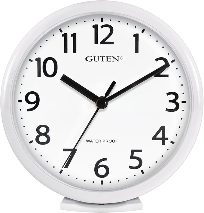 Caysie 6 Inch Waterproof Bathroom Shower Clock, Hanging or Standing Silent Battery Operated Quartz Magnetic Wall Clocks for Kitchen, Bathroom, Home (White)