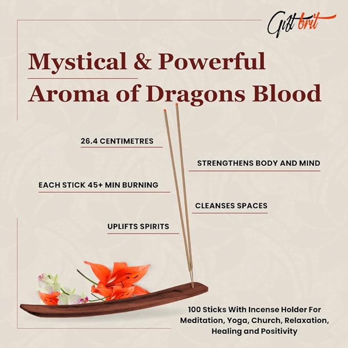 Giftbrit Dragons Blood Natural & Herbal Incense Sticks 100 Sticks with Incense Holder for Meditation, Yoga, Church, Relaxation, Healing and Positivity