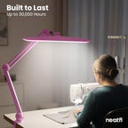 Neatfi XL Nail Desk Lamp with Clamp, 2200 Lumens, 20-Inch Wide Head, Dimmable 4 Levels, 3 Color Modes 3000K–6000K, LED Task Light for Manicure Table, Crafts, Workbench, Office (CCT, Pink)