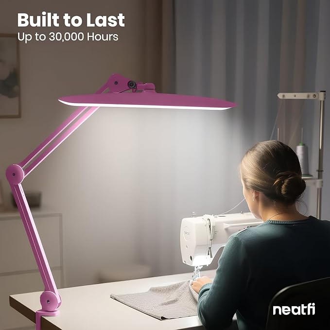 Neatfi XL Nail Desk Lamp with Clamp, 2200 Lumens, 20-Inch Wide Head, Dimmable 4 Levels, 6500K, LED Task Light for Manicure Table, Crafts, Workbench, Office (Non-CCT, Pink)