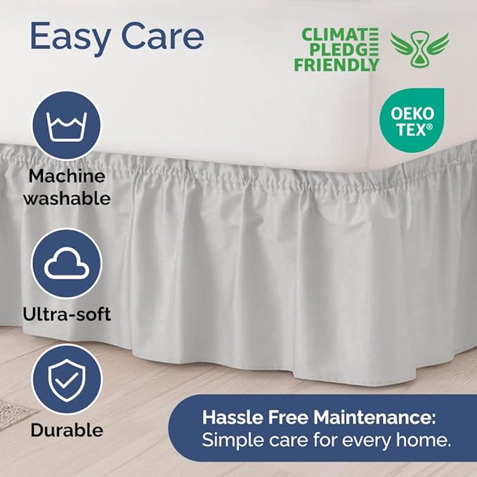 Wrap Around Dust Ruffle Bed Skirt - French Grey - for Full Size Beds w/ 12 Inch Drop - Easy Fit Elastic Strap - Adjustable Pleated Bedskirt w/Brushed Fabric - Wrinkle Free, Women, Men, Kids & Teens