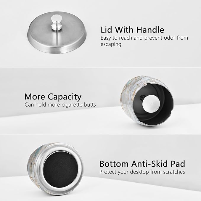 Marble Textures Ashtray with Lid, Outdoor Ashtrays for Patio, Stainless Steel Ashtray Odorless Smokeless for Home Office Balcony