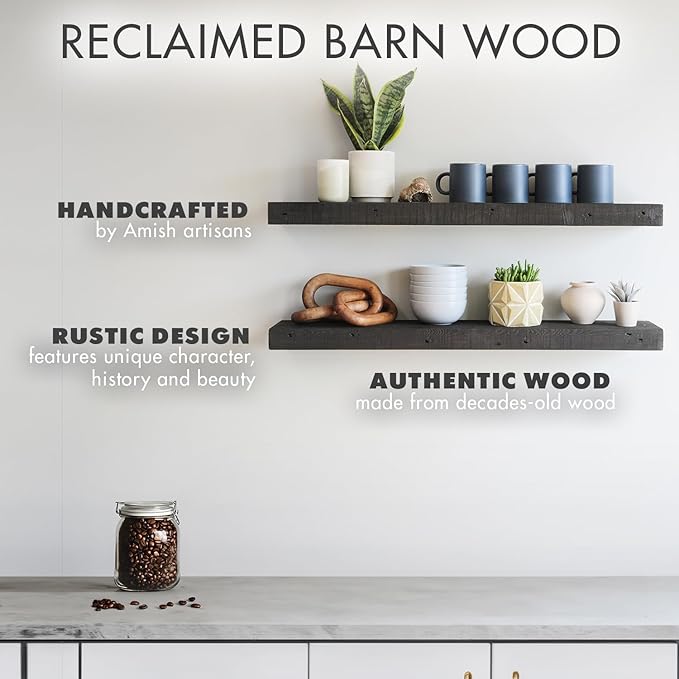 Urban Legacy Reclaimed Barnwood Planks | Floating Shelves for Wall w/Flush Mount Shelf Bracket Set Included | Set of 2 (Coffee Bean, 24"x7"x 2")