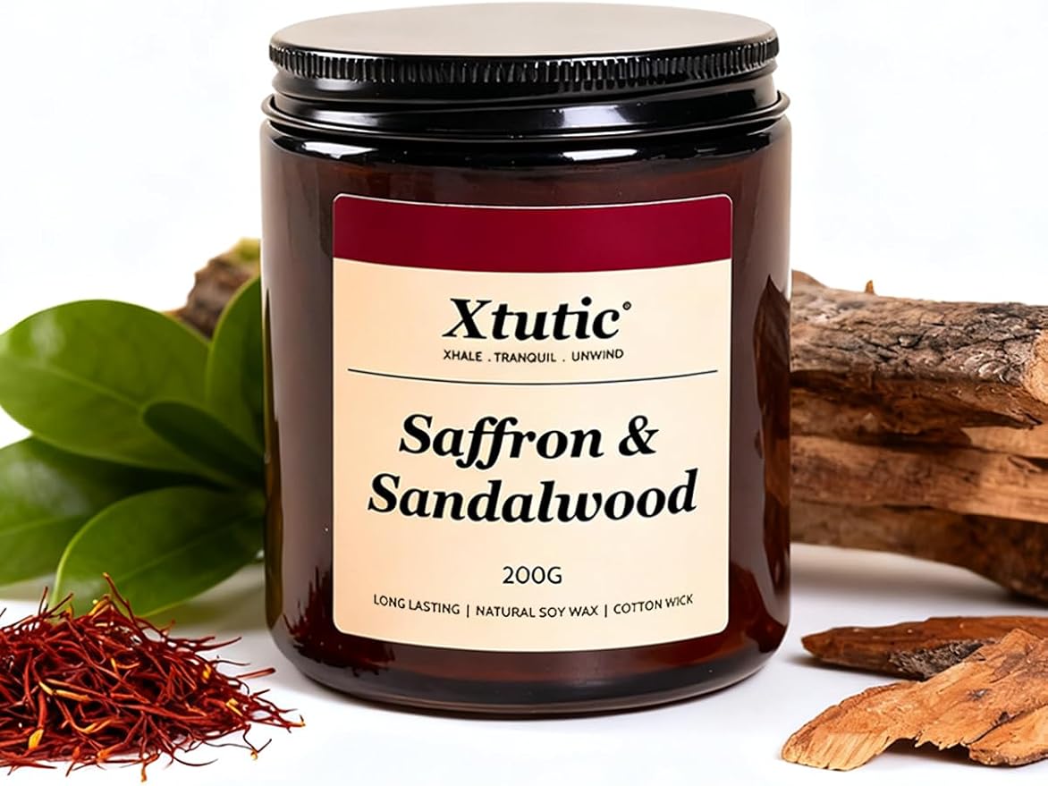 Soy Candle Gifts for Women & Men - 7oz Brown Scented Candle,50-Hour Burn Time,Aromatherapy Jar for Home Decor,Relaxing Ambiance in Bedroom & Office(Saffron Sandalwood)