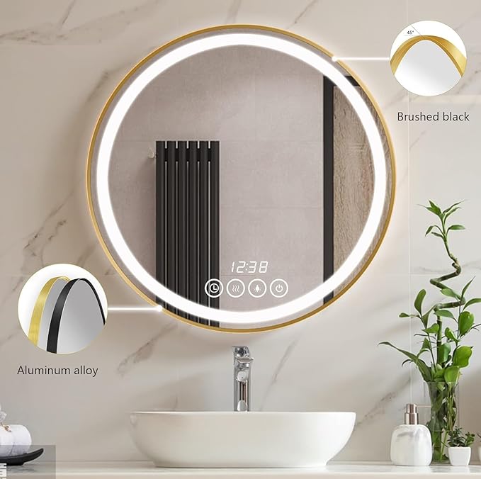 28 Inch Wall-Mounted Round Bathroom Mirror with LED-Lights - Frame Vanity Mirrors (28" x 28", Gold)